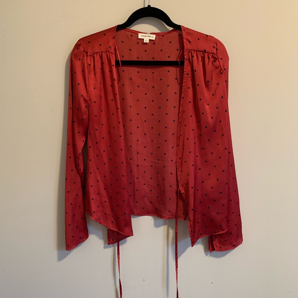 Red silky wrap shirt with black polka dots